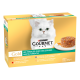 Boîte de nourriture pour chats Purina Gourmet Gold montrant un chat à poil long blanc, une assiette de pâté, textes «GOURMET», «Gold», «LES TIMBALES AVEC DES LÉGUMES», 12×85 g