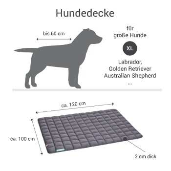 Grau Hundedecke für große Hunde, Maße 120 cm x 100 cm, 2 cm dick, geeignet für Rassen wie Labrador und Golden Retriever.