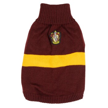 Maroon and yellow striped knitted pet sweater with Gryffindor crest patch on the back.