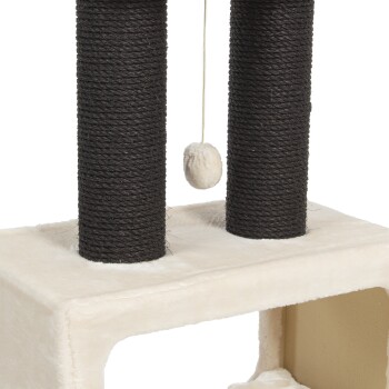Katzenbaum mit zwei schwarzen, mit Sisal umwickelten Kratzpfosten, einer weichen cremefarbenen Plattform und einem hängenden weißen Pom-Pom-Spielzeug.