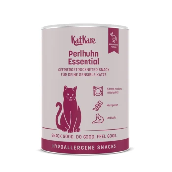 KatKare 'Perlhuhn Essential' hypoallergene Katzensnack-Dose, pinkes Etikett mit Katzenillustration und Text: 'Snack gut. Tu Gutes.'