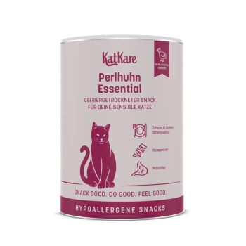 KatKare 'Perlhuhn Essential' hypoallergene Katzensnack-Dose, pinkes Etikett mit Katzenillustration und Text: 'Snack gut. Tu Gutes.'