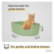 Ein großes grünes Katzenbett (55cm x 45cm x 22cm) mit einer orangefarbenen Katze darin, mit Text über Platz für große und kleine Katzen.