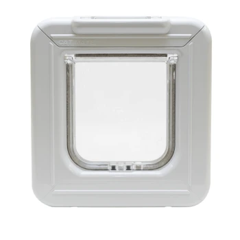 Weiße Katzenklappe mit transparentem Öffnungsbereich, mit dem Markennamen "CAT MATE" oben.