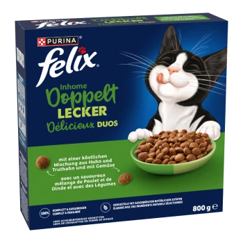 Purina Felix Katzenfutterpackung 'Doppelt Lecker / Délicieux Duos' mit schwarz-weißem Kater, der sich die Lippen leckt, und einer Schale Trockenfutter, 800 g