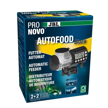 Bild von JBL Pro Novo Autofood Black, einem automatischen Fischfütterer, mit einem digitalen Timer-Display, das 17:30 zeigt, mit Text in Englisch und Deutsch.