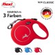 Rote Flexi-Hundeleine mit silbernem Logo, erhältlich in drei Farben: rot, schwarz und blau. Der Text enthält "NEW CLASSIC" und "MADE IN GERMANY."