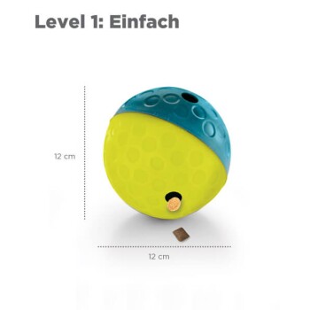 Interaktive Haustier-Spielzeugkugel in Blau und Gelb, mit einem Durchmesser von 12 cm, mit einem kleinen Leckerli daneben; beschriftet "Level 1: Einfach."