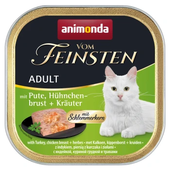 Verpackung für nasses Katzenfutter mit "Animonda vom Feinsten Adult" mit Truthahn, Hühnerbrust und Kräutern. Enthält ein Foto des Futters auf einem Teller.