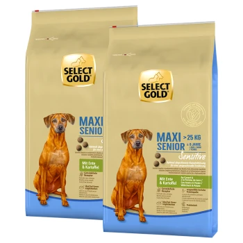Zwei Beutel Select Gold Hundefutter, beschriftet 'MAXI SENIOR' für Hunde über 25 kg, mit Zutaten aus Ente und Kartoffel.