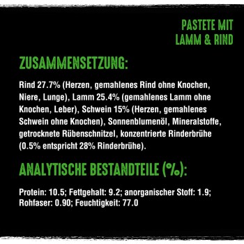 Etykieta karmy dla zwierząt z pasztetem z jagnięciny i wołowiny, wymieniająca składniki i komponenty analityczne w języku niemieckim.