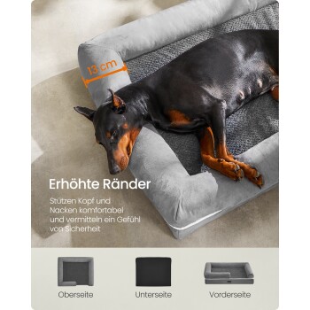 Dobermann schläft in grauem Hundebett mit erhöhtem Rand, orangefarbener Hinweis '13 cm' und deutscher Text 'Erhöhte Ränder'.