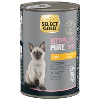 Select Gold Kitten Pure Hühnerpastete Nassfutterdose mit einem Siamkatzen-Kätzchen und 72 % Huhn-Text.