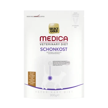 Select Gold Medica Veterinary Diet Schonkost, paquet de 300g pour chats, étiqueté comme un régime gastro-intestinal hautement digestible.