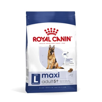 Royal Canin Maxi Adult 5+ Hundefutterbeutel, mit einem Deutschen Schäferhund, mit Text, der die Verdauungsgesundheit und optimale Vitalitätsunterstützung hervorhebt.
