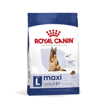 Royal Canin Maxi Adult 5+ Hundefutterbeutel, mit einem Deutschen Schäferhund, mit Text, der die Verdauungsgesundheit und optimale Vitalitätsunterstützung hervorhebt.