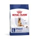 Royal Canin Maxi Adult 5+ Hundefutterbeutel, mit einem Deutschen Schäferhund, mit Text, der die Verdauungsgesundheit und optimale Vitalitätsunterstützung hervorhebt.
