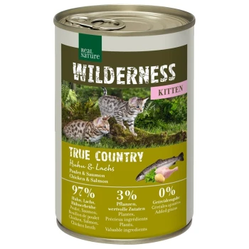 WILDERNESS Kitten True Country kurczak i łosoś 6x400 g Puszka karmy dla kotów "Wilderness Kitten" z zabawnymi kociętami na etykiecie; 97% kurczaka i łososia, 3% roślin, bez dodatku zbóż.