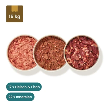 Bild von Tierfutterpaketen, einschließlich drei vakuumverpackten Fleischprodukten und Schalen mit rohem Fleisch, beschriftet mit "17x Fleisch, 1x Fisch, 21x Innereien."