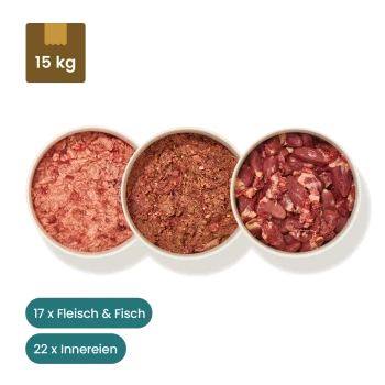 Bild von Tierfutterpaketen, einschließlich drei vakuumverpackten Fleischprodukten und Schalen mit rohem Fleisch, beschriftet mit "17x Fleisch, 1x Fisch, 21x Innereien."