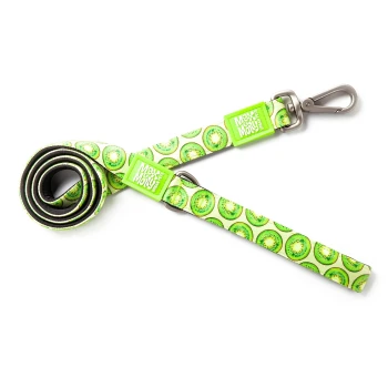 Grüne Hundeleine mit Kiwimuster und Metallverschluss, beschriftet mit „Max & Molly Urban Petwear“.