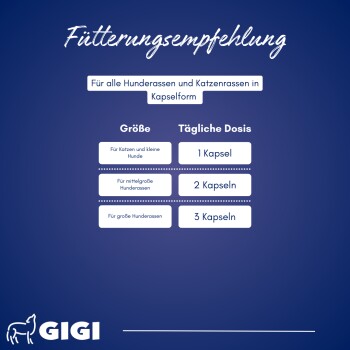 Fütterungsempfehlung: 1 Kapsel für Katzen/kleine Hunde, 2 für mittelgroße, 3 für große Hunde. Gigi-Logo unten links.