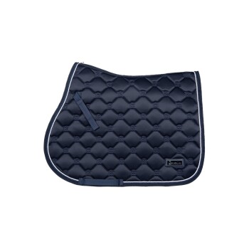Marineblaues, gestepptes Sattelpad mit einem Diamantmuster, das einen weißen Rand und ein schwarzes Logopatch aufweist.