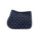 Marineblaues, gestepptes Sattelpad mit einem Diamantmuster, das einen weißen Rand und ein schwarzes Logopatch aufweist.