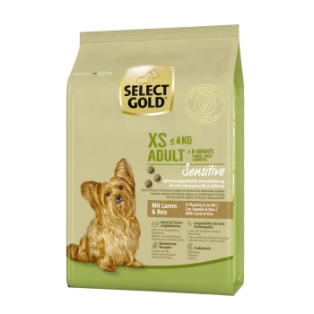 Emballage de nourriture pour chiens Select Gold XS Adult Sensitive mettant en vedette un Yorkshire Terrier. Le texte met en avant "XS ≤ 4 KG," "≥ 8 Monate," et "Mit Lamm & Reis."