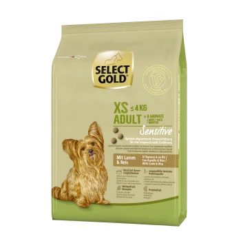 Select Gold XS Adult Sensitive Hundefutterverpackung mit einem Yorkshire Terrier. Der Text hebt 'XS ≤ 4 KG', '≥ 8 Monate' und 'Mit Lamm & Reis' hervor.