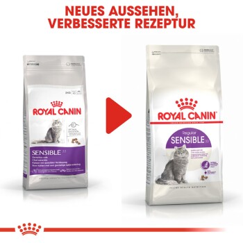 Bild von zwei Royal Canin Katzenfutterbeuteln nebeneinander, mit der Aufschrift "Sensible" und "Regular", mit Text, der ein neues Aussehen und eine verbesserte Rezeptur anzeigt.