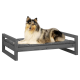 Ein Collie, der auf einem stilvollen grauen Hundebett mit Holzrahmen liegt, das eine gepolsterte Matratze hat.