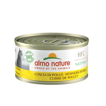Almo Nature Katzenfutterdose, beschriftet mit 'HFC Natural,' mit Hähnchenschenkeln in mehreren Sprachen, mit einem Logo, das '100% Profits to Nature' besagt.