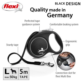 Black flexi dog leash with ergonomic grip, sturdy tape, and a braking system, labeled "Quality made in Germany," suitable for dogs up to 50kg.