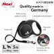 Black flexi dog leash with ergonomic grip, sturdy tape, and a braking system, labeled "Quality made in Germany," suitable for dogs up to 50kg.