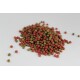 Ein Haufen kleiner, runder Haustierfutterpellets in rot und grün, verstreut auf einem weißen Hintergrund.