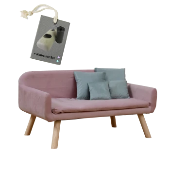 Ein stilvolles pinkes Haustiersofa mit hellblauen Kissen, begleitet von einem Etikett, das ein Set mit Abfallbeuteln zeigt.