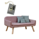 Ein stilvolles pinkes Haustiersofa mit hellblauen Kissen, begleitet von einem Etikett, das ein Set mit Abfallbeuteln zeigt.