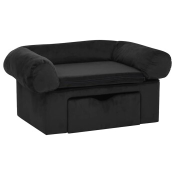 Schwarzes Haustiersofa mit plüschigen Armen und einem abnehmbaren Kissen, mit einer Schublade zur Aufbewahrung darunter.