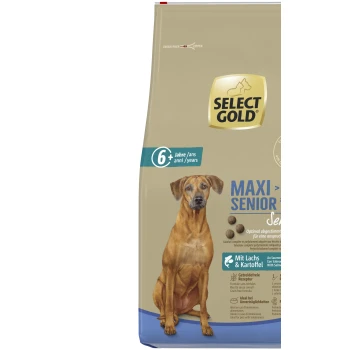 Sac de nourriture pour chien Select Gold Maxi Senior Sensitive pour chiens de plus de 25 kg, 6+ ans, au saumon et pomme de terre, formule sans céréales.