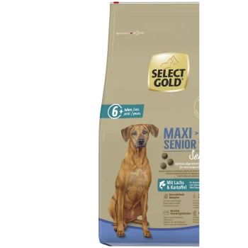 Select Gold Maxi Senior Sensitive Hundefutterbeutel für Hunde über 25 kg, 6+ Jahre, mit Lachs & Kartoffel, getreidefreie Formel.