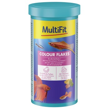 MultiFit Colour Flakes Fischfutter für alle Zierfische, mit Vitaminen für brillante Farben, gezeigt mit Bildern verschiedener Fische.