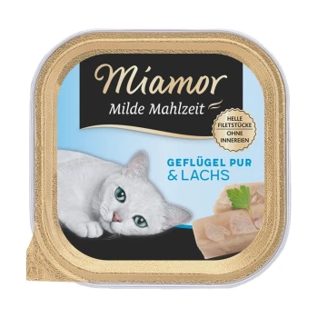 Miamor Katzenfutterverpackung mit einer weißen Katze mit blauen Augen, beschriftet mit "Milde Mahlzeit" und "Geflügel pur & Lachs."