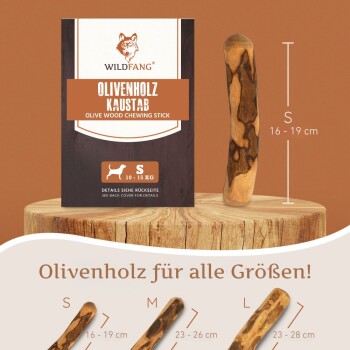 Olivenholz-Kauspielzeug für Hunde, Größe S (16-19 cm), geeignet für Hunde mit einem Gewicht von 10-15 kg, mit sichtbaren Verpackungsdetails.