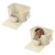 Beige Katzentoilette mit hohem Rand, geriffelter Ausstiegs‑Matte, Pfotenreinigungsbecher und Seitenschaufel, dargestellt leer und mit Katze.