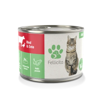 Dosenkatzenfutter "Fellicita Rind & Ente" für Erwachsene, mit einer Katzengrafik und "keine künstlichen Aromen, Farben oder Konservierungsstoffe."