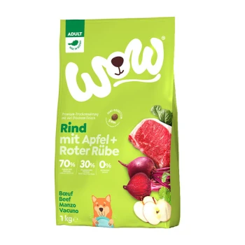 Hundefutterbeutel mit der Aufschrift "WOW", der Rindfleisch, Apfel und Rote Beete enthält, mit 70% tierischem Protein, 30% pflanzlichem Protein und 0% Getreide.