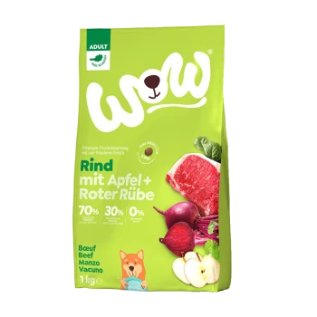 Hundefutterbeutel mit der Aufschrift "WOW", der Rindfleisch, Apfel und Rote Beete enthält, mit 70% tierischem Protein, 30% pflanzlichem Protein und 0% Getreide.