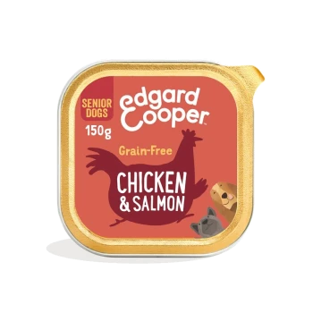 Nourriture pour chiens sans céréales Edgard Cooper pour chiens âgés, contenant du poulet et du saumon, dans un contenant de 150 g avec des illustrations d'animaux ludiques.