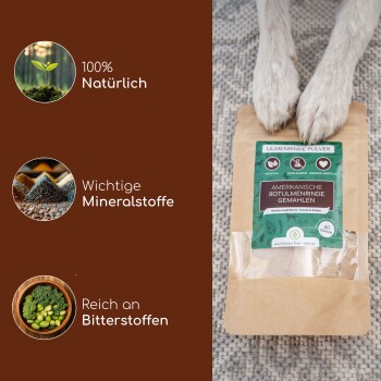 Ein neugieriger weißer Welpe schnüffelt an einem Beutel Ulmenrinde Pulver auf einem gemusterten Außenbereich, der Dosierungsanweisungen für Hunde und Katzen zeigt.